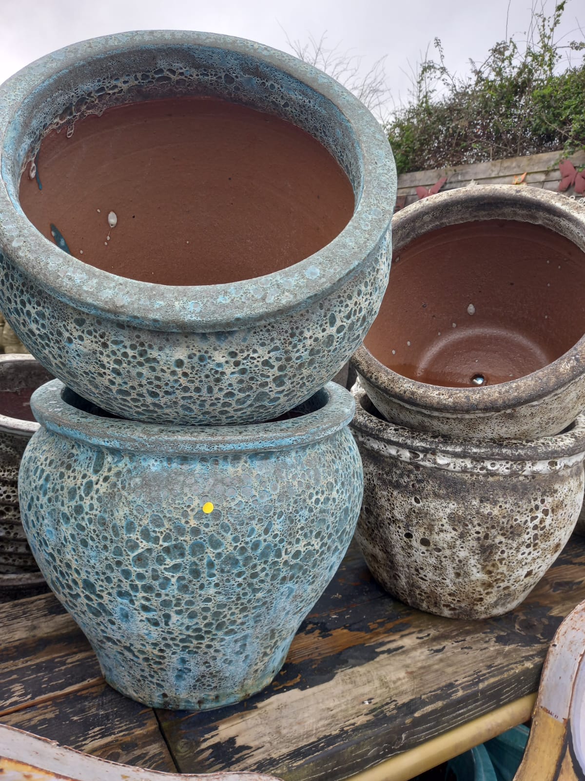 Textured blue glazed planters